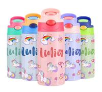 Gourde Isotherme Personnalisable pour Enfant, Bouteille d'eau Personnalisée Prenom Sans BPA Tritan, Gourde Isotherme Enfant avec Paille pour L’école, Sport, Primaire et Maternelle - Multicolore 350ml