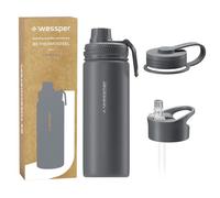 Gourde Isotherme Wessper B3 THERMOSTEEL - Bouteille en Acier - 3 Bouchons - 500ml - gris- 19,5 cm