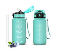 Gourde, Sans BPA 500 ml, Gourde Avec Paille, Étanche Verrou De Sécurité, Bouteille, Citations De Motivation Pour s'hydrater,Bouteille d'eau Bleu & Vert