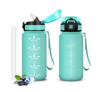 Gourde, Sans BPA 500 ml, Gourde Avec Paille, Étanche Verrou De Sécurité, Bouteille, Citations De Motivation Pour s'hydrater,Bouteille d'eau Mat Bleu & Vert