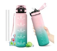 Gourde Sport 1L, Gourde avec Paille, sans BPA, Bouteille d'eau de Motivation avec Marqueur de Temps, Étanche et Réutilisable, Bouteille Réutilisable pour l'école, Sport, Bureau, Yoga, Camping