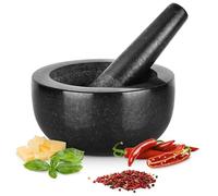 Gourmeo Mortier Pilon Cuisine - Accessoire Cuisine en Granite de 16 cm de Diamètre pour Broyage des Épices Guacamole Pesto Noix Mojito - Mortier et Pilon Concasseur a Grain Noir