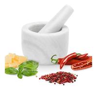 Gourmeo Mortier Pilon Cuisine - Accessoire Cuisine en Marbre de 8,5 cm de Diamètre pour Broyage des Épices Guacamole Pesto Noix Mojito - Mortier et Pilon Concasseur a Grain Blanc