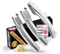 Gourmet Easy Set Presse-Ail en Acier Inoxydable, 2 Embouts, Échange à Vie | Sans éplucher l'ail, poignée ergonomique, embouts fin et grossier interchangeables, compatible lave-vaisselle.
