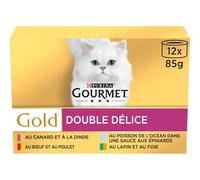 GOURMET | GOLD | Double Délice | Chat Adulte | Filettines en Sauce | Bœuf et Poulet, Lapin et Foie, Poisson de l'Océan Sauce aux Epinards, Canard et Dinde | Boîtes | Lot de 8 (12 x 85 g)