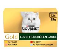 GOURMET | GOLD | Effilochés en Sauce | Chat Adulte | Au Bœuf, Poulet, Saumon, Poisson de l'Océan | Boîtes | Lot de 8 (12 x 85 g)