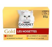 GOURMET GOLD Noisettes pour chat adulte – Bœuf, Poulet-Foie, Dinde-Canard, Saumon-Poulet – 12 x 85 g