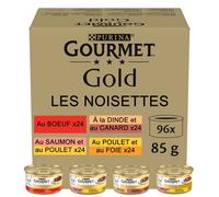GOURMET | GOLD | Les Noisettes | Chat Adulte | Effilés en sauce | Bœuf, Poulet-Foie, Dinde-Canard, Saumon-Poulet |Portions Repas | Boite | 96 x 85 g