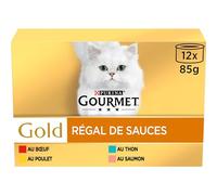 GOURMET | GOLD | Régal de Sauce | Aliment équilibré pour Chat Adulte | Filettines en Sauce |Au Bœuf, Poulet, Saumon, Thon | Portion Individuelle | Boîtes | Lot de 8 (12 x 85 g)