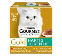 Gourmet Gold Sarriette Tourelle Chat Nourriture Humide avec Bœuf et Tomate, Poulet et Carottes, Dinde et épinards, Dinde et Haricots Verts - 8x85g - Boîte de 6 (48 boîtes ; 4,08kg)