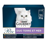 GOURMET | PERLE | Duo Terre - Mer | Chat Adulte | Saumon et Colin, Thon et Poisson de l'Océan, Poulet et Bœuf, Dinde et Agneau| Sachets Fraîcheur | 6 x (12 x 85 g)