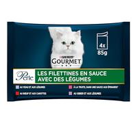 GOURMET | Perle | Les Filettines en Sauce | Aliment Complet pour Chat Adulte| Au Veau, A la Truite, Au Bœuf, Au Gibier et aux Légumes | Sachets Fraîcheur | Lot de 12 (4 x 85g)