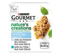GOURMET | NATURE’S CREATIONS | Chat Adulte | Mini Bouchées avec des ingrédients naturels sélectionnés | Au Poisson : Poisson de l'Océan, Thon | Lot de 12 (8 x 85g)