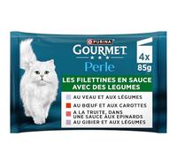 GOURMET | Perle | Les Filettines en Sauce | Aliment Complet pour Chat Adulte| Au Veau, A la Truite, Au Bœuf, Au Gibier et aux Légumes | Sachets Fraîcheur | Lot de 12 (4 x 85g)
