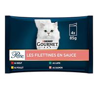 GOURMET PERLE | Adulte Chat | Les Filettines En Sauce | Bœuf, Poulet, Lapin, Saumon | 4 x 85 g | Lot de 12| Sachet fraicheur