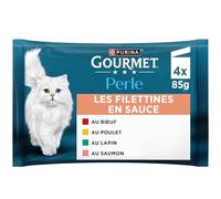 GOURMET | PERLE | Les Filettines en Sauce | Aliment Complet pour Chat Adulte| Bœuf, Poulet, Lapin, Saumon | Sachets Fraîcheur | Lot de 12 (4 x 85g)