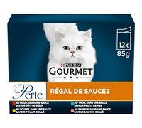 GOURMET | Perle | Régal de Sauce | Aliment Humide pour Chat Adulte | Filettines en Sauce | Au Bœuf, au Poulet, au Thon, au Saumon | Sachets Fraîcheur | 12 x 85 g