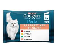 Gourmet Perle Pâtée Les filettines en Sauce 4 variétés pour Chat - Les 4 sachets de 85g