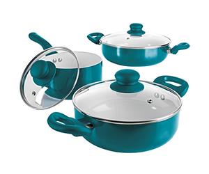 GOURMETmaxx 08876 Céramique-Batterie de Cuisine avec Couvercle en Verre/Vert 6 Pièces