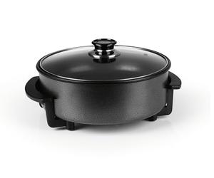 GOURMETmaxx Casserole à pizza électrique avec thermostat, couvercle en verre et revêtement antiadhésif, poêle multifonction avec diamètre 30 cm et 1500 W, idéale pour les fêtes