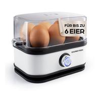 GOURMETmaxx Cuiseur à œufs pour 6 œufs | Cuiseur à œufs avec pique-œuf dans le gobelet doseur | Avec 3 niveaux de cuisson - pour chaque coquetier | Design blanc - pièces lavables au lave-vaisselle
