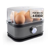 GOURMETmaxx Cuiseur à œufs pour 6 œufs | Cuiseur à œufs avec pique-œuf dans le gobelet doseur | Avec 3 degrés de cuisson - pour chaque coquetier | Design anthracite, pièces lavables au lave-vaisselle