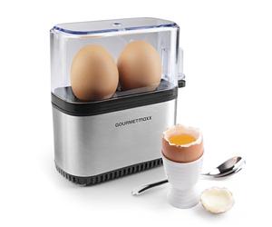 GOURMETmaxx Cuit-œufs pour 2 œufs | Egg Cooker électrique à économie d'énergie | Oeufs parfaits pour le petit déjeuner | Avec bol doseur & oeuf-pick | Design compact & sans BPA [Acier inoxydable]