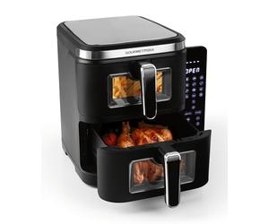 GOURMETmaxx FryUp Friteuse à air chaud verticale à double chambre XXL | Friteuse sans huile avec fenêtres transparentes & écran tactile rabattable | AirFryer 2 chambres - volume total 10 L
