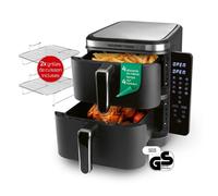 GOURMETmaxx FryUp Friteuse à air chaud verticale à double chambre | Airfryer 10 litres | 4 aliments sur 4 niveaux | Écran tactile rabattable | 32% de gain de place | Friteuse à air chaud 2 chambres