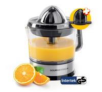 GOURMETmaxx Extracteur de jus électrique, pour agrumes et jus d'orange, presse-agrumes, jusqu'à 700 ml, avec différents accessoires pour un goût plus frais, 40 W, transparent, argenté