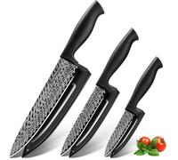 Gourmetop Ensemble De Couteaux De Cuisine 3 Pièces Avec Couverture, Noirs En Acier Inoxydable, Motif Damas Avec Étui, Tranchants Pour La Cuisine