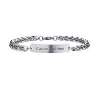Gourmette Personnalisée Bracelet Homme : Gravure Acier Inoxydable Plaque Nom Bracelets avec Chaîne de Blé Double Chaîne, Nom Personnalisé Date ID Bracelet pour Hommes Garçons, Argent/Noir, 21