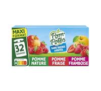 Goûter authentique sans sucres ajoutés avec POM'POTES, lot de 32 gourdes de 90g aux saveurs pomme, fraise et framboise, fruits origine France - Lot de 2