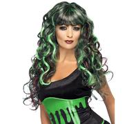 Smiffys Perruque monstre gouttes de sang, Vertet Violet, Longueet bouclée avec frange Halloween