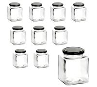 gouveo Lot de 10 bocaux de conservation 380 ml carrés avec couvercle à vis noir - grands bocaux carrés avec bouchon à vis (EGET380SZ)