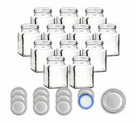 gouveo Lot de 12 bocaux à conserves 314 ml carrés avec couvercle à vis argent BS - Petits bocaux de conservation 0,3 l avec bouchon à vis TO63 - Pots à conserve vides