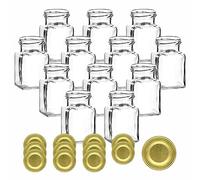 gouveo Lot de 12 bocaux carrés de 150 ml avec couvercles à vis dorés - Petits bocaux de conservation avec bouchons à vis - Bocaux de confiture vides (EGE150G)
