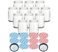 gouveo Lot de 12 bocaux de conservation ronds de 580 ml avec couvercles à visser BlueSeal en carreaux alu et rouge à carreaux - Diamètre : 82 mm