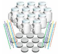 gouveo Lot de 12 verres à boire de 450 ml avec couvercle bleu et argenté - Verre avec anse et paille réutilisable - Verres à cocktail avec couvercle - Verre à cocktail pour le jardin (TGH450SB)