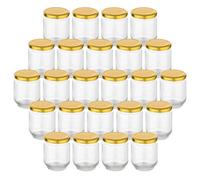 gouveo Lot de 16 bocaux 190 ml ronds avec couvercle à vis doré - Petits bocaux de stockage avec fermeture à vis - Bocaux pour stérilisation et conservation (EGR190G)