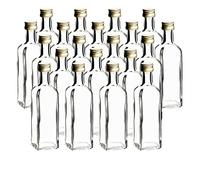 gouveo Lot de 20 bouteilles en verre 60 ml Maraska avec bouchon à vis doré - mini bouteille 0,06 l à remplir - bouteilles en verre pour liqueur, schnaps, huile ou comme cadeau (MFET060G)
