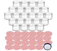 gouveo Lot de 24 bocaux à Confiture 230 ML Ronds avec Couvercle à vis quadrillé Rouge BlueSeal - bocaux de Conservation avec Bouchon à vis TO82 - bocaux à Confiture, bocaux à Saucisson