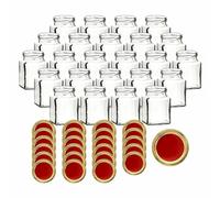 gouveo lot de 24 bocaux à conserves 314 ml carrés avec couvercle à vis rouge-or - petits bocaux de conservation 0,3 l avec bouchon à vis TO63 - bocaux vides à conserver
