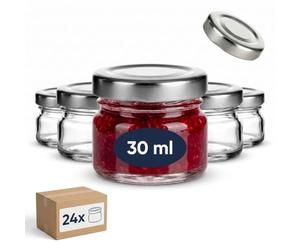 gouveo Lot de 24 bocaux de conservation 30 ml Mini avec couvercle à vis Argenté - Mini bocaux de conservation avec bouchon à vis TO43 - Pots ronds pour conserver, confitures, épices (EGR030S)