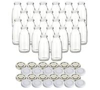 gouveo Lot de 24 Bouteilles en Verre pour jus avec Bouchons à vis Argent et Blanc - Bouteille de jus 250 ML - Bouteilles vides pour jus, Smoothies, Limonade (SF250SW)