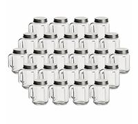 gouveo Lot de 24 mini verres à boire de 30 ml avec couvercles argentés à visser - Verres à boire avec anse et couvercles à visser - Mini verres à anse pour anniversaires, fêtes et mariages (TGH030S)