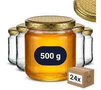 gouveo Lot de 30 Pots à Confiture 500g «Miel» avec Couvercle à Vis Nid d'Abeille - Pots de Conservation avec Bouchon à Vis TO82 - Pots de Conservation Vides, Pots (HGTO500BW)