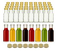 gouveo Lot de 48 bouteilles en verre Dorica 100 ml avec bouchon à vis - Petites bouteilles rondes en verre pour huile, vinaigre et liqueur avec couvercles PP31.5 dorés (DFT100G)
