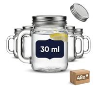 gouveo Lot de 48 Mini-verres 30 ml avec anse et couvercle à visser (0,03 l) argenté - Verre à shot, verre à liqueur, verre de dégustation pour buffet, bar maison, traiteur (TGH030S)