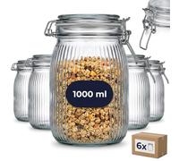 gouveo Lot de 6 bocaux de conservation en verre de 1000 ml (1,00 l) - Rainurés avec fermeture à étrier en métal - Ronds - Pour cuisine, fournitures, garde-manger, décoration et ordre (BG1000R)